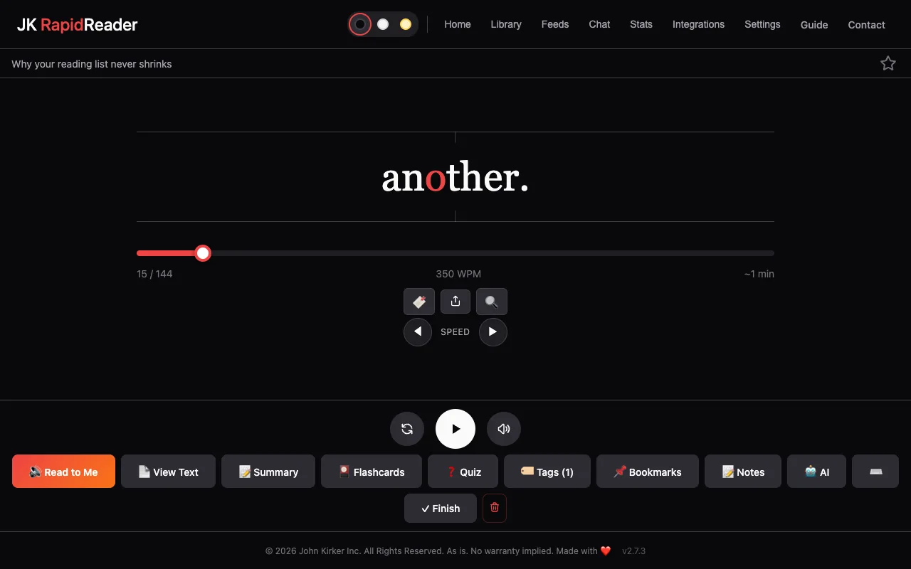 The reader showing one word, with its focus letter in red, and the speed and progress controls.