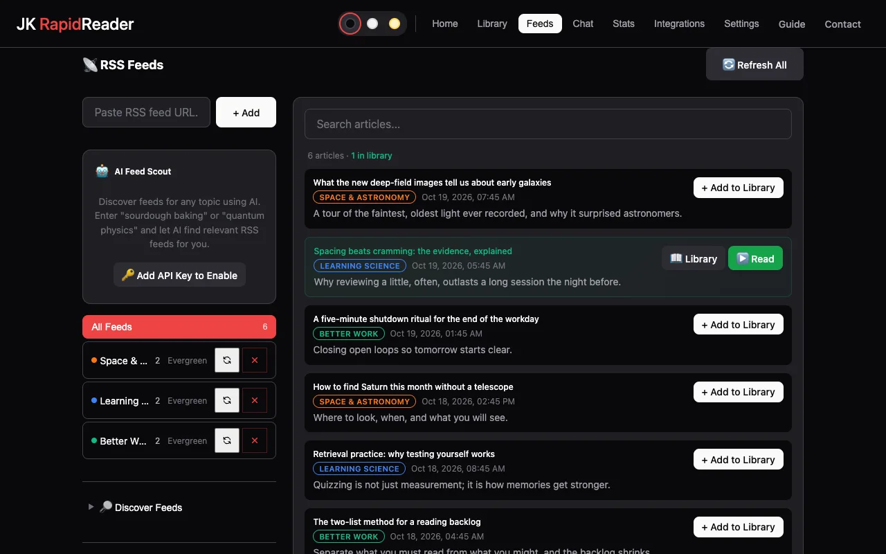 The Feeds page: a list of feeds and their newest items.