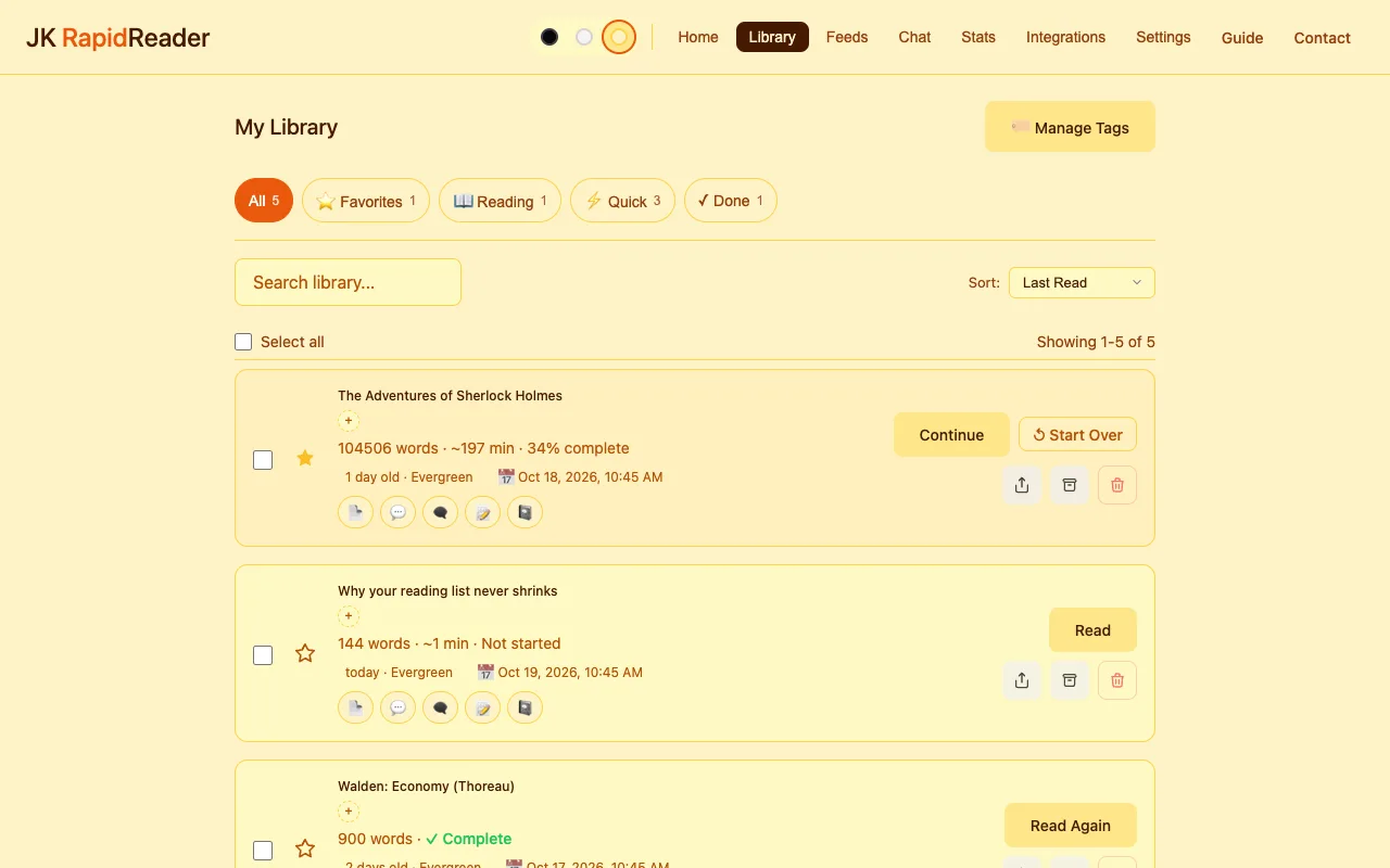 The library: saved articles with their age, kind, reading time and progress.